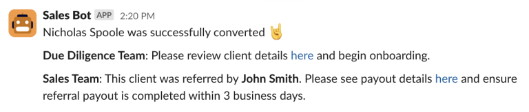 Referral notification showing a converted referred client